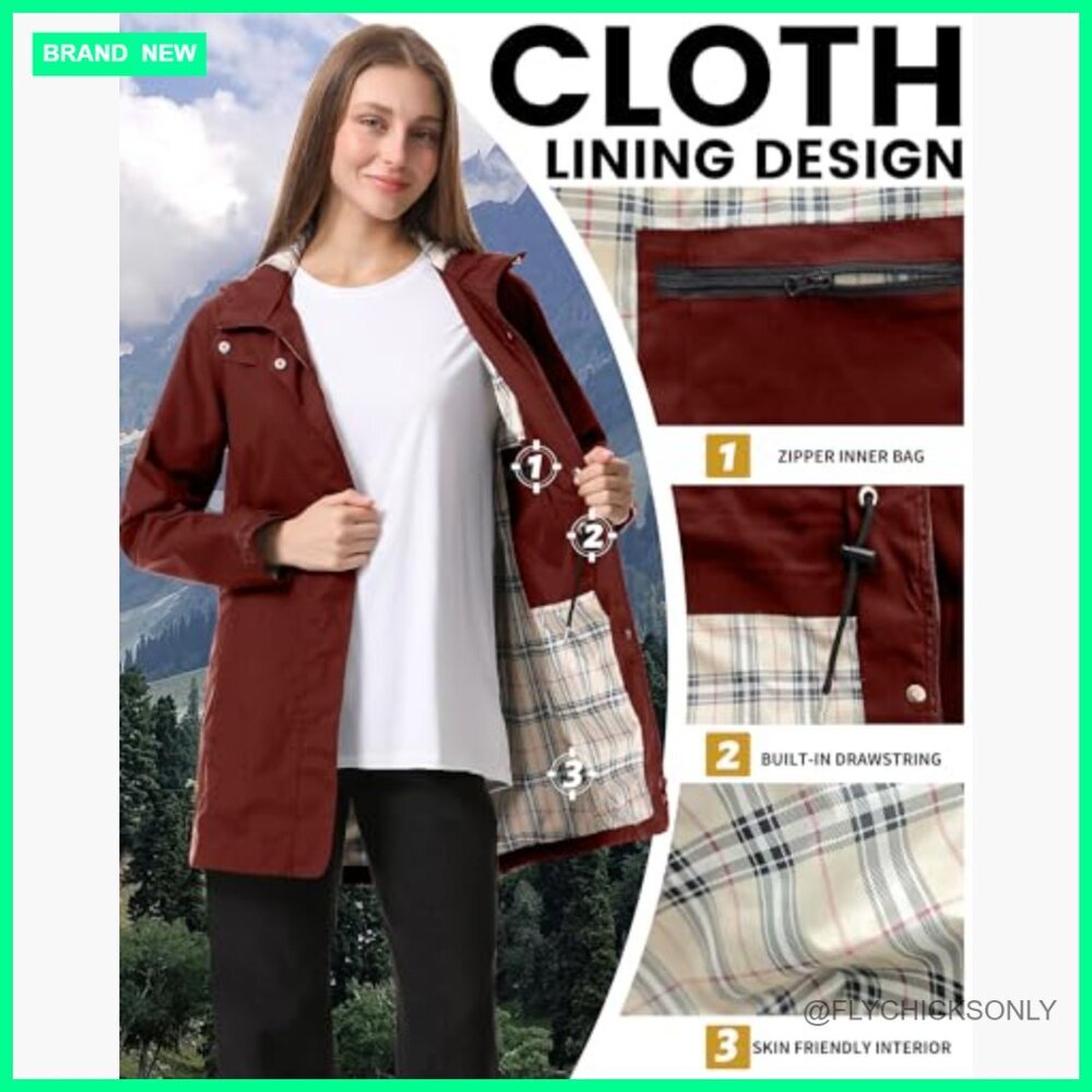 Packable Long Raincoat Hooded Plaid Lined Trench Coat Waterproof Windproof - Picture 4 of 7